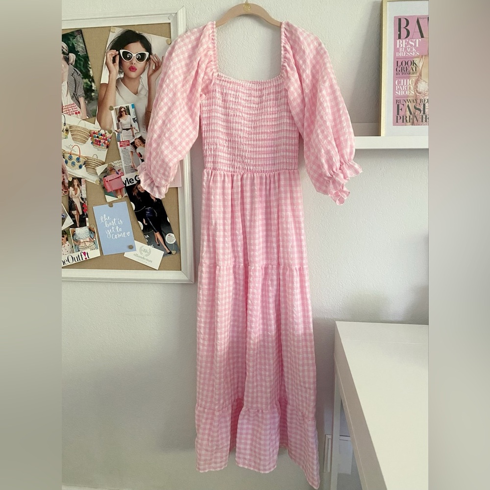 Smocked Square-Neck Pink Gingham Maxi Dress